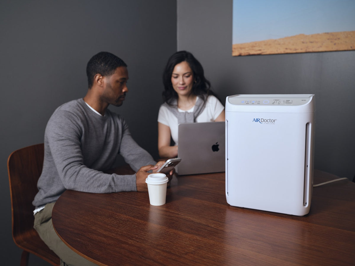A man and women working together at a desk with an AirDoctor GO! next to them.
