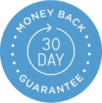 Blue circular logo with 'Money Back 30 Day Guarantee' text