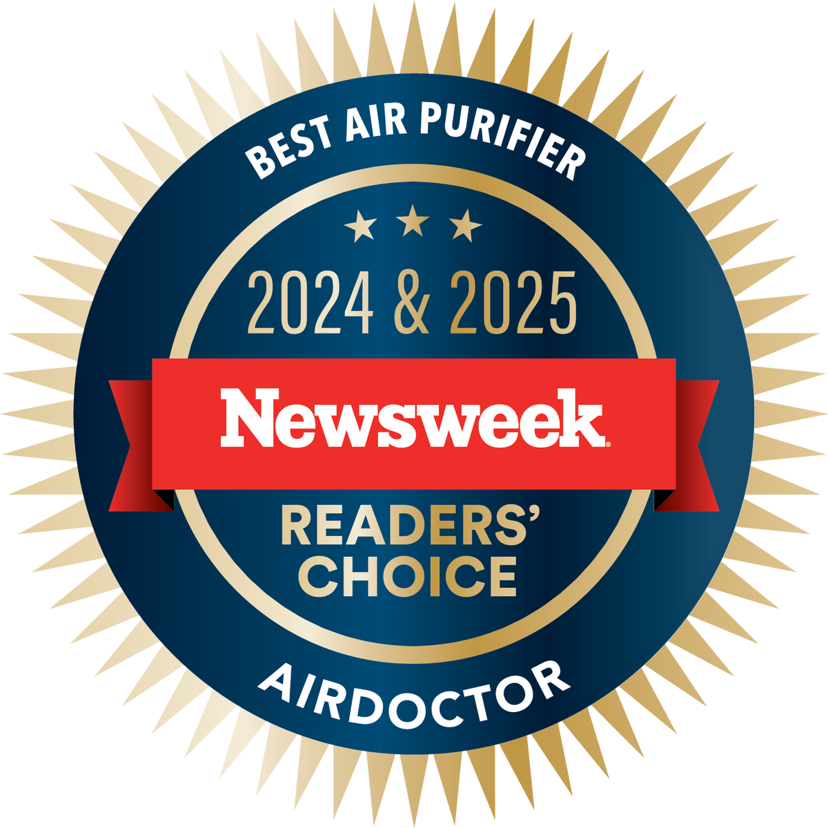 A circular award badge with a spiky gold border set against a black background. The main circle is deep blue with thin inner gold rings. Arched along the top is the text "BEST AIR PURIFIER" in white, below which sit three gold stars and the years "2024 & 2025". A bright red horizontal ribbon banner across the center displays the "Newsweek" logo in white. Below the ribbon, the text reads "READERS' CHOICE" in gold, and "AIRDOCTOR" is arched in white at the very bottom