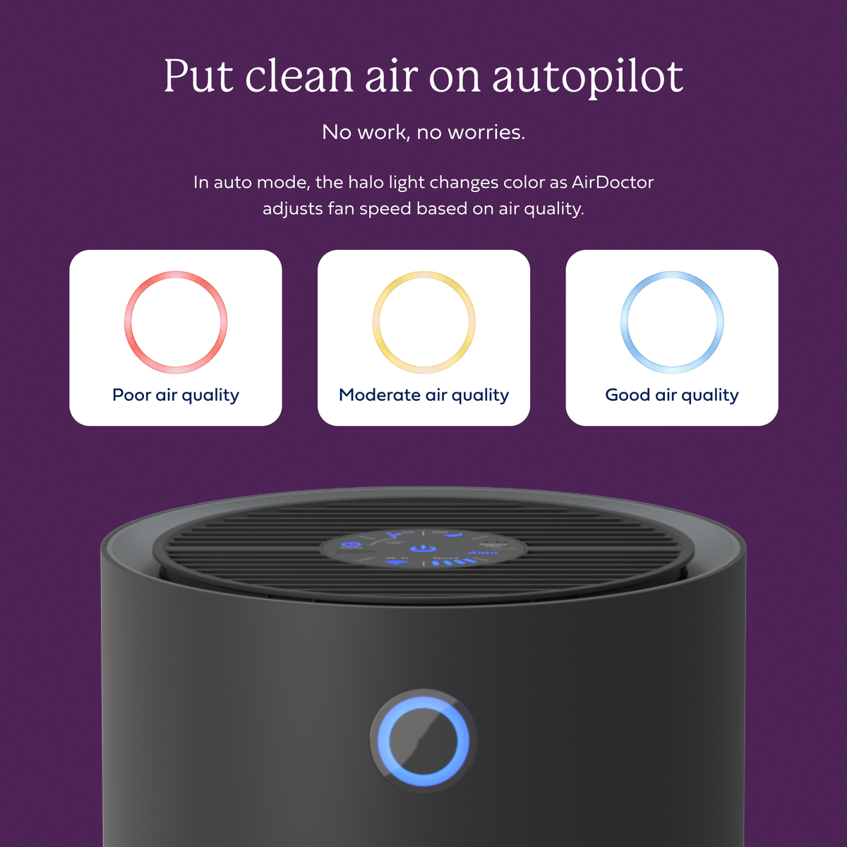 A dark gray cylindrical air purifier with a blue indicator light is shown on a purple background with promotional text and three small icons indicating air quality levels.