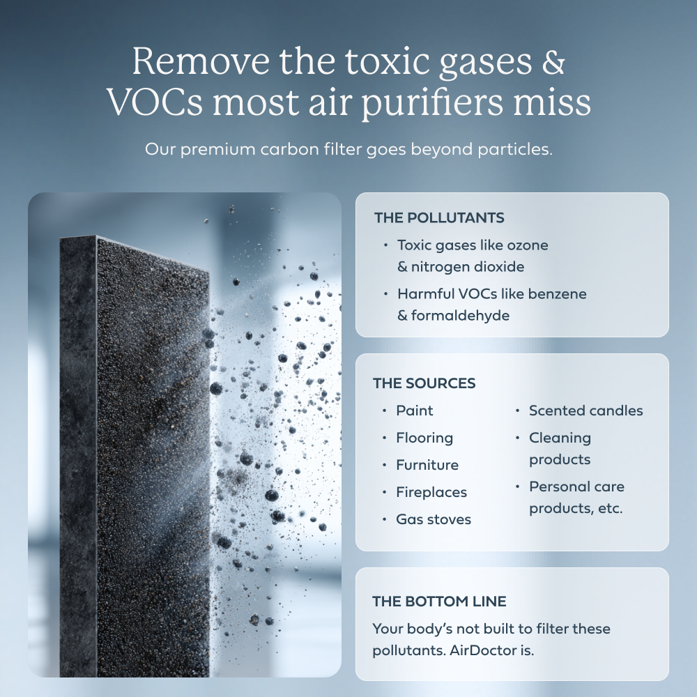 An informational marketing graphic for an AirDoctor carbon filter. The left side features a close-up of a dark gray textured carbon filter with floating particles, while the right side contains three white text boxes detailing pollutants, sources, and the bottom line on a blue-gray gradient background.