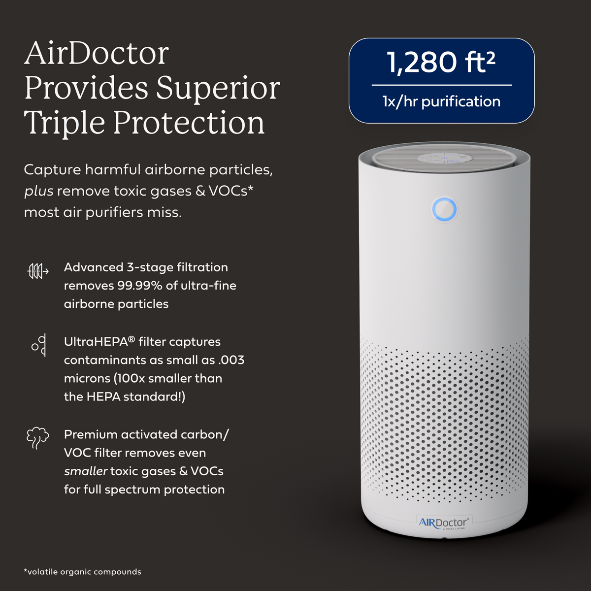 A white cylindrical AirDoctor air purifier shown on a dark charcoal background with marketing text. The purifier has a blue circular indicator light and a small AirDoctor logo near the bottom.