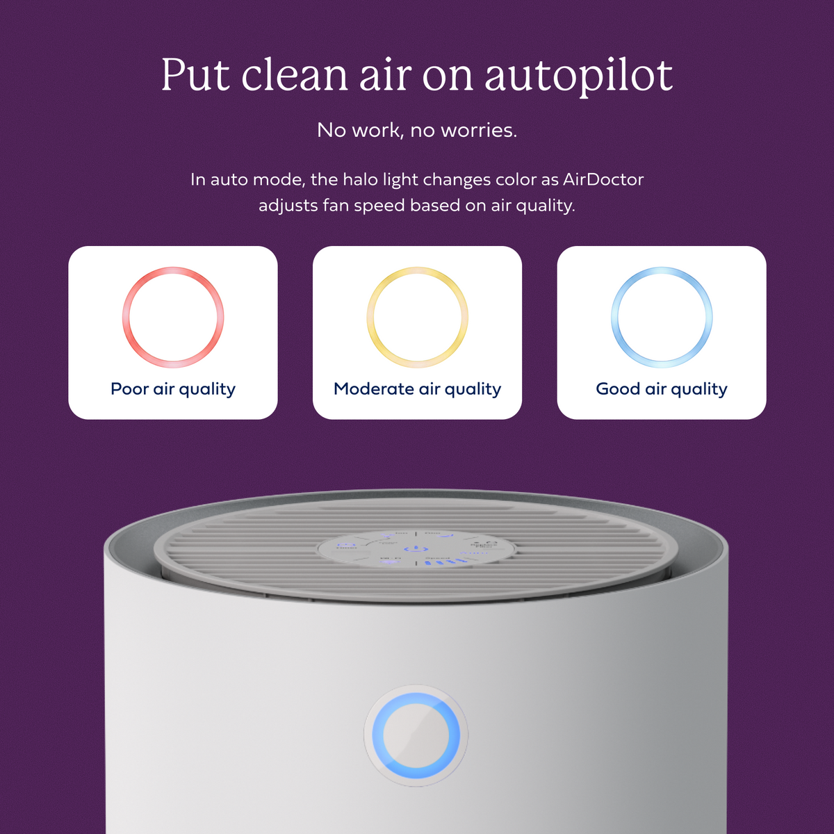 A promotional graphic for an AirDoctor air purifier on a dark purple background. The text at the top reads 'Put clean air on autopilot' with descriptive copy about the halo light changing color based on air quality.