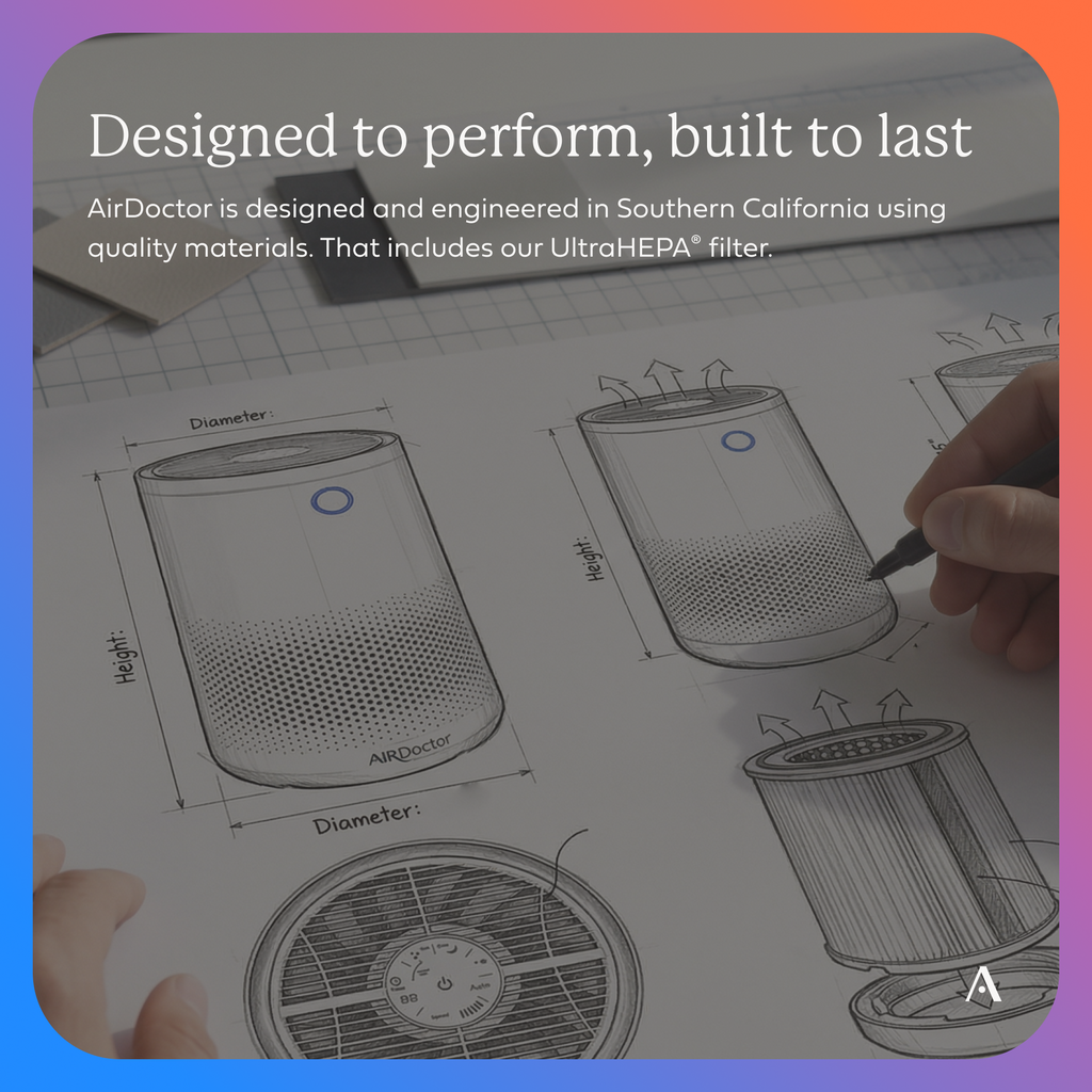 A promotional graphic with text at the top reading 'Designed to Perform, Built to Last' and a hand drawing technical schematics of the AirDoctor filter on a whiteboard. The image has a soft pink-to-blue gradient border and a semi-transparent dark overlay across the center.