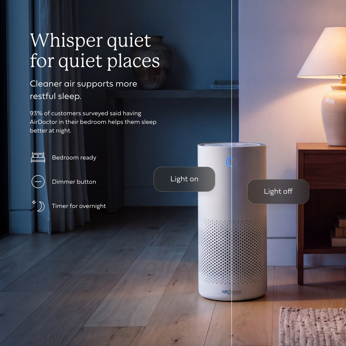 A white cylindrical smart speaker device stands on a wood floor in a bedroom setting, with overlaid text comparing 'Light on' and 'Light off' states. The scene includes a lit bedside lamp, wall, and text promoting whisper quiet for quiet places.