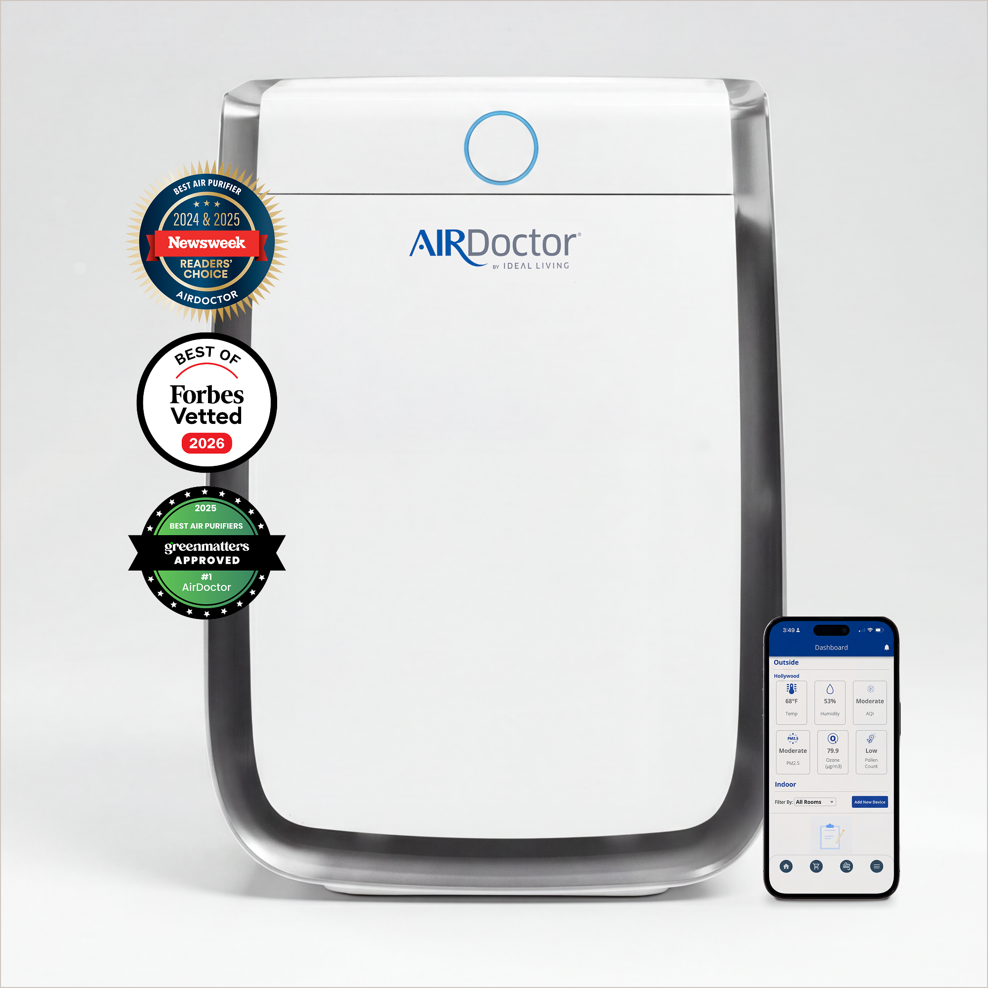 AirDoctor 3500 air purifier model with award badges and app on phone