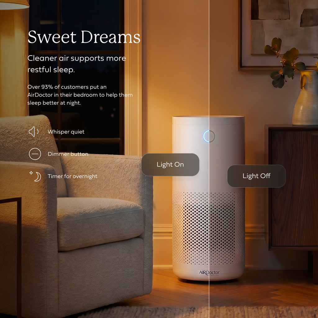 AirDoctor 4000 white air purifier sleep-focused graphic showing cleaner air for bedrooms