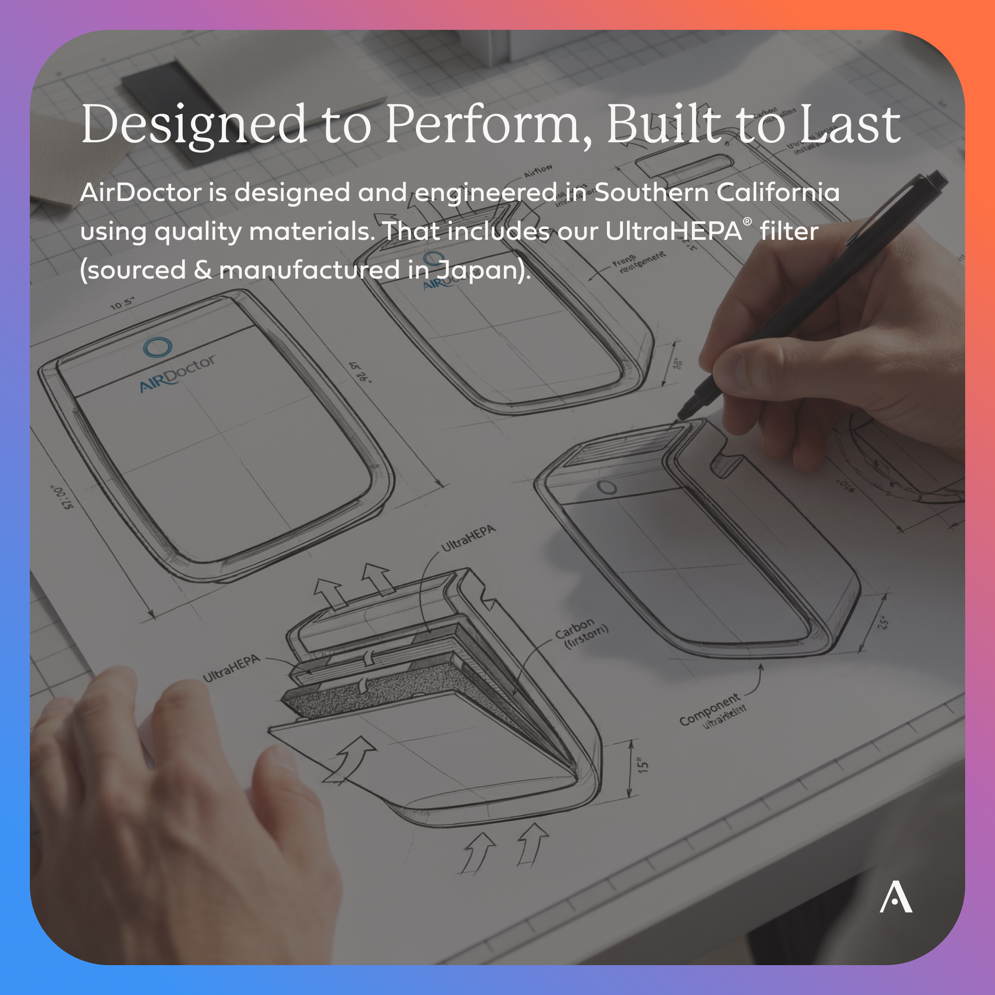 AirDoctor 3500 air purifier graphic showing design process for the model