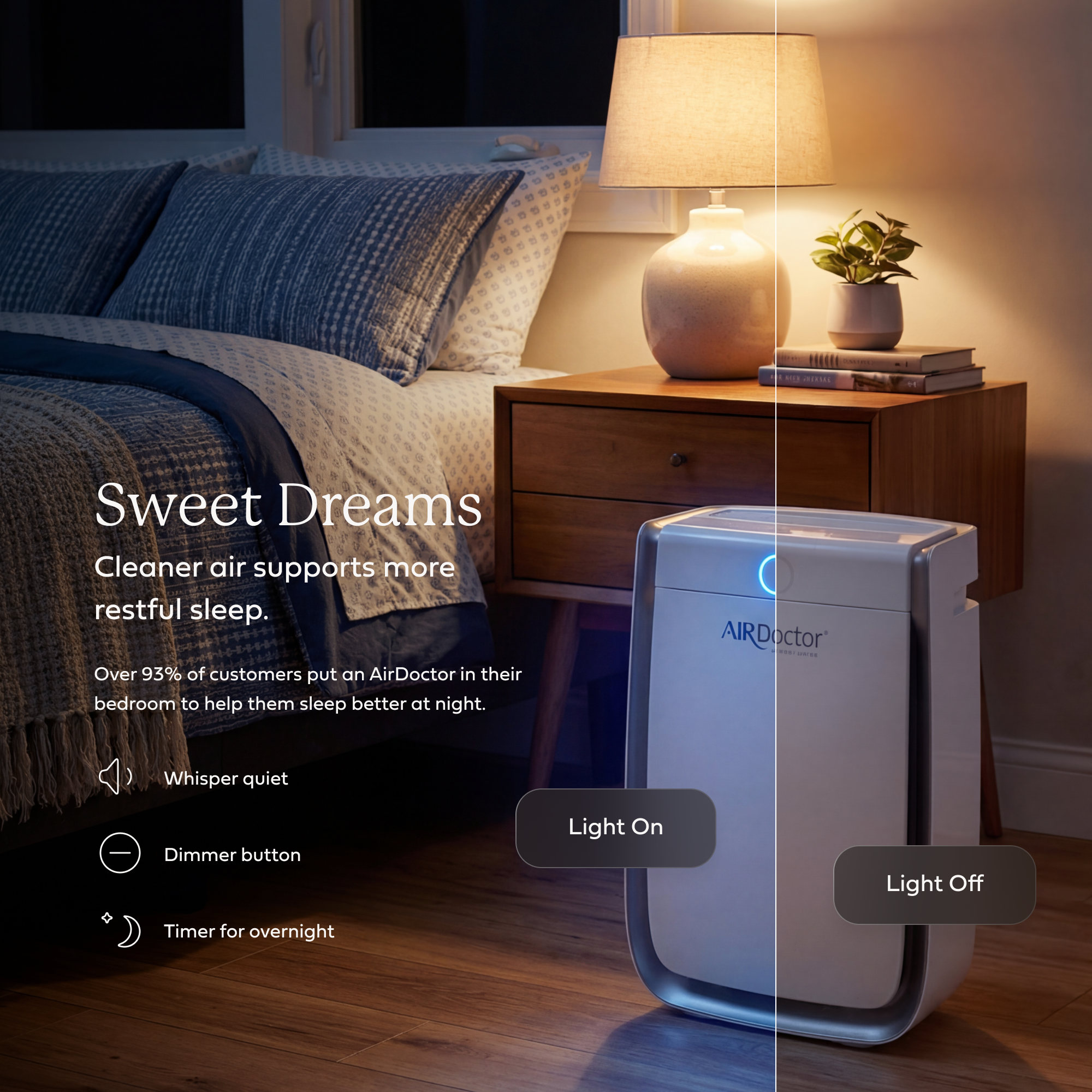 AirDoctor 3500 air purifier sleep-focused graphic showing cleaner air for bedrooms