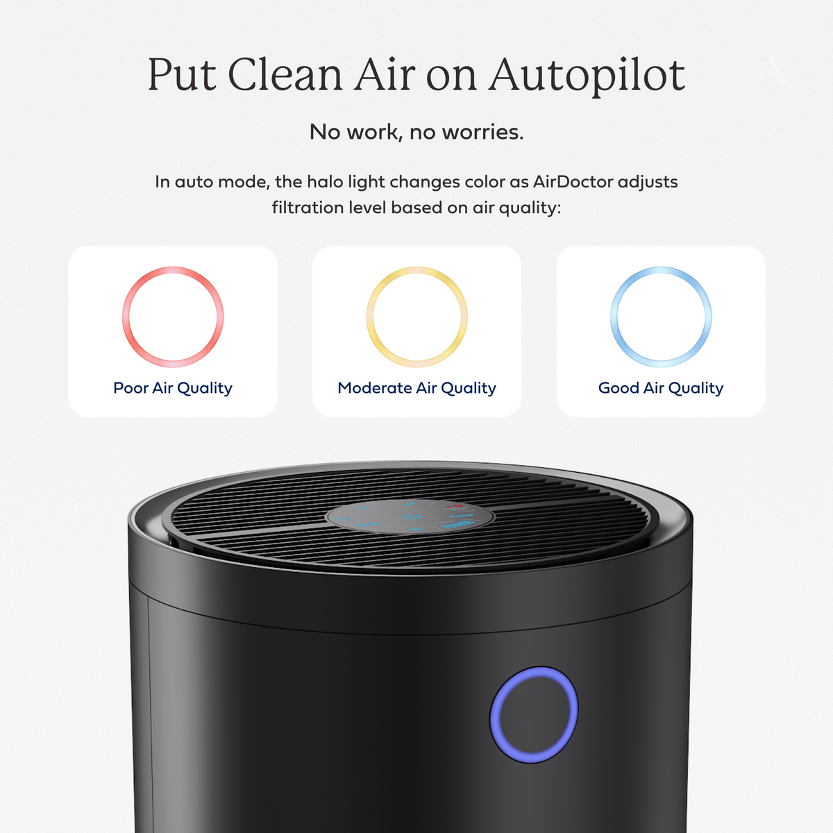 AirDoctor 4000 black air purifier product and display of air quality status light