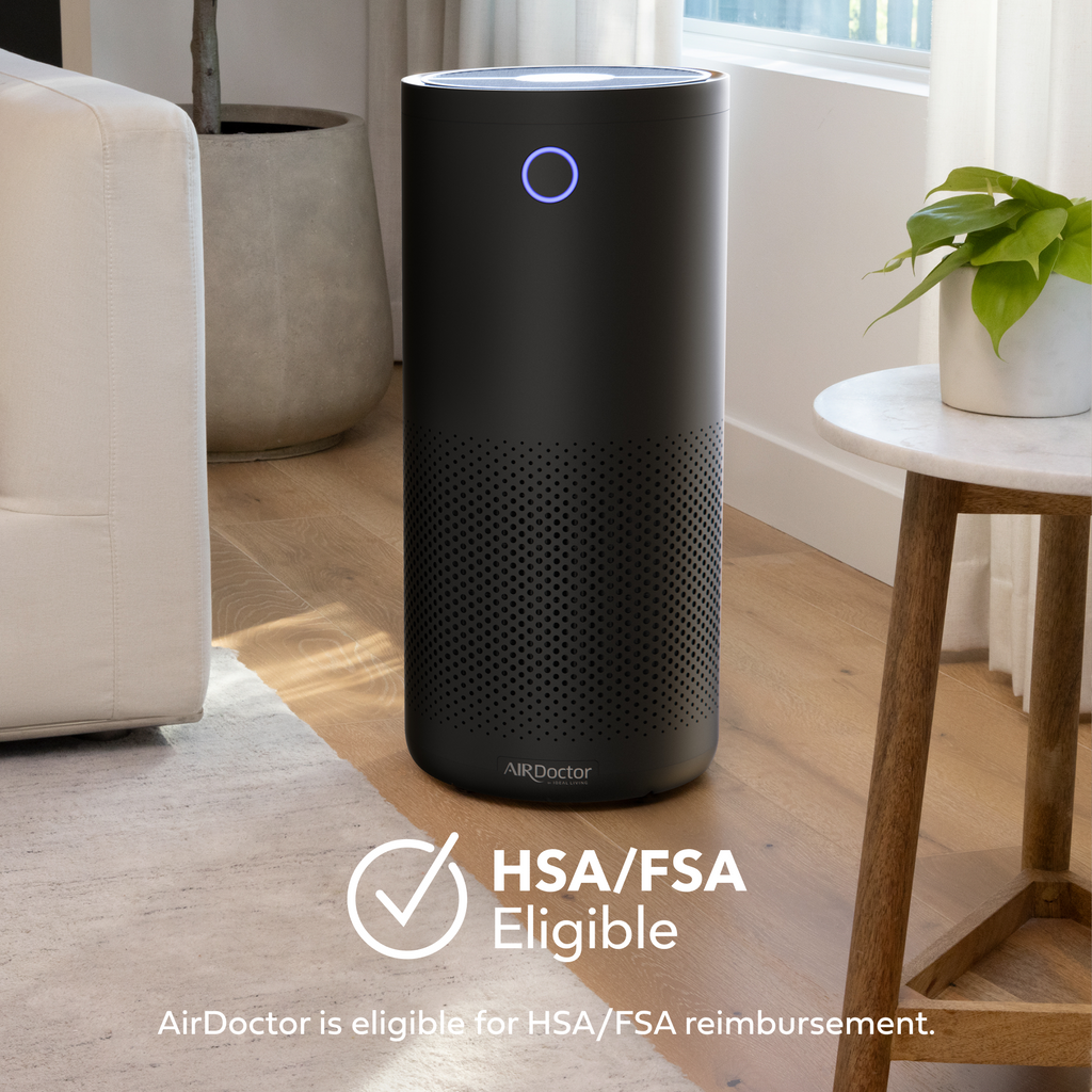 AirDoctor 4000 black air purifier product lifestyle image and has/fsa elgibility