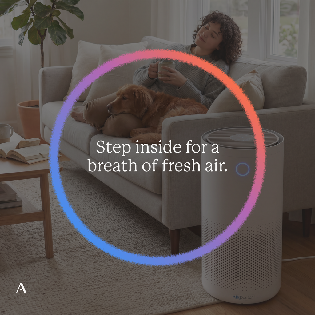 AirDoctor 4000 white air purifier performance graphic with filtration and air quality benefits