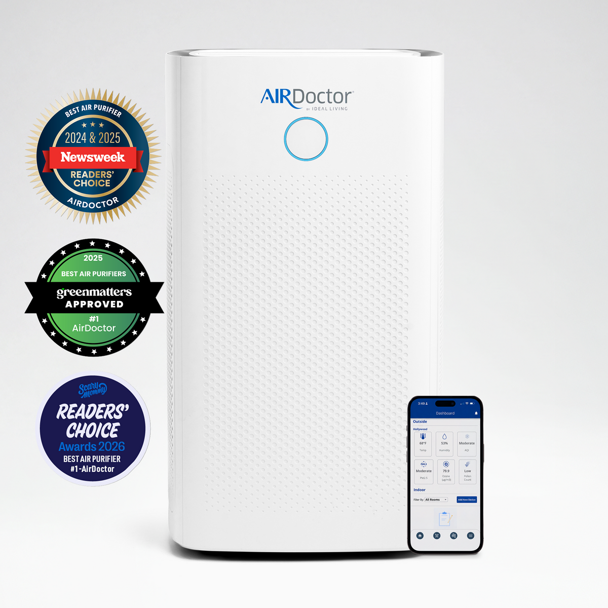 AirDoctor 5500 + 3500 Smart air purifier bundle with app control and award badges.