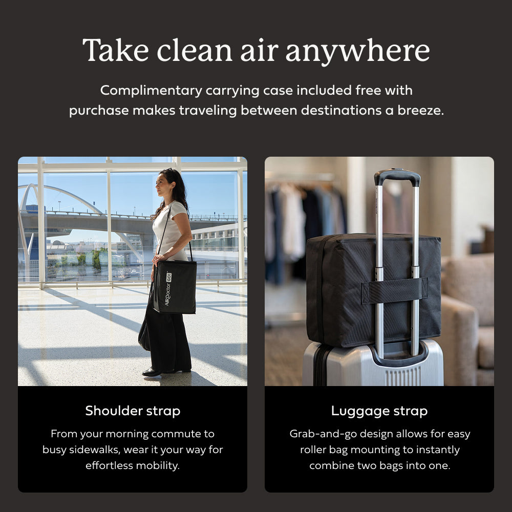 AirDoctor GO! displayed with luggage and shoulder straps