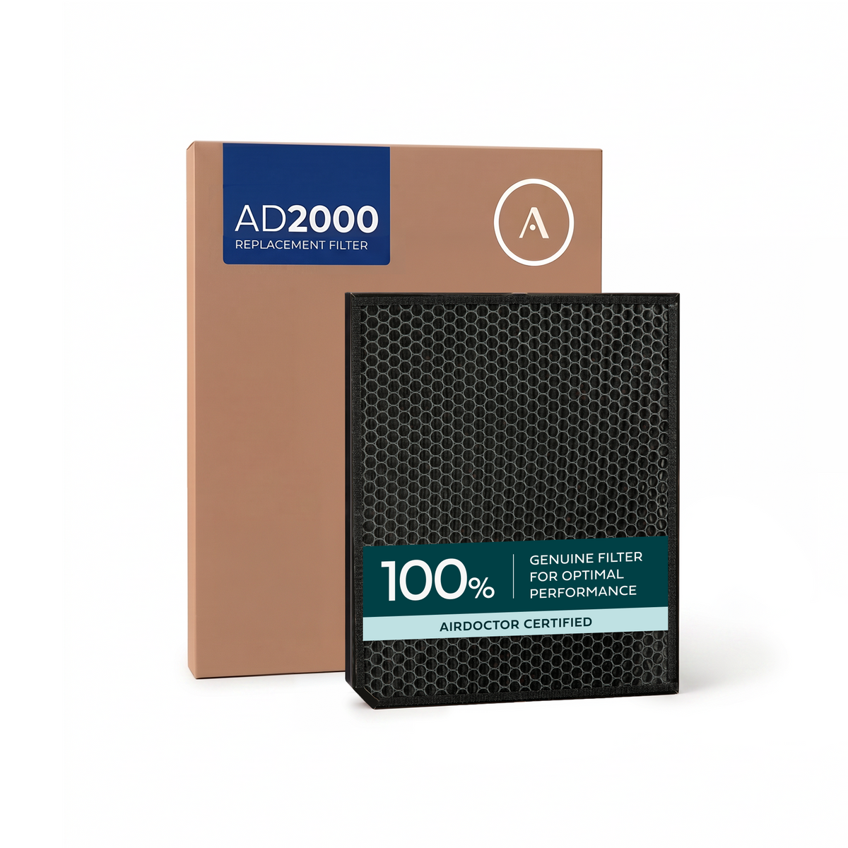 AD2000 replacement filter box with a black filter, labeled 100% genuine for optimal performance, on a white background.