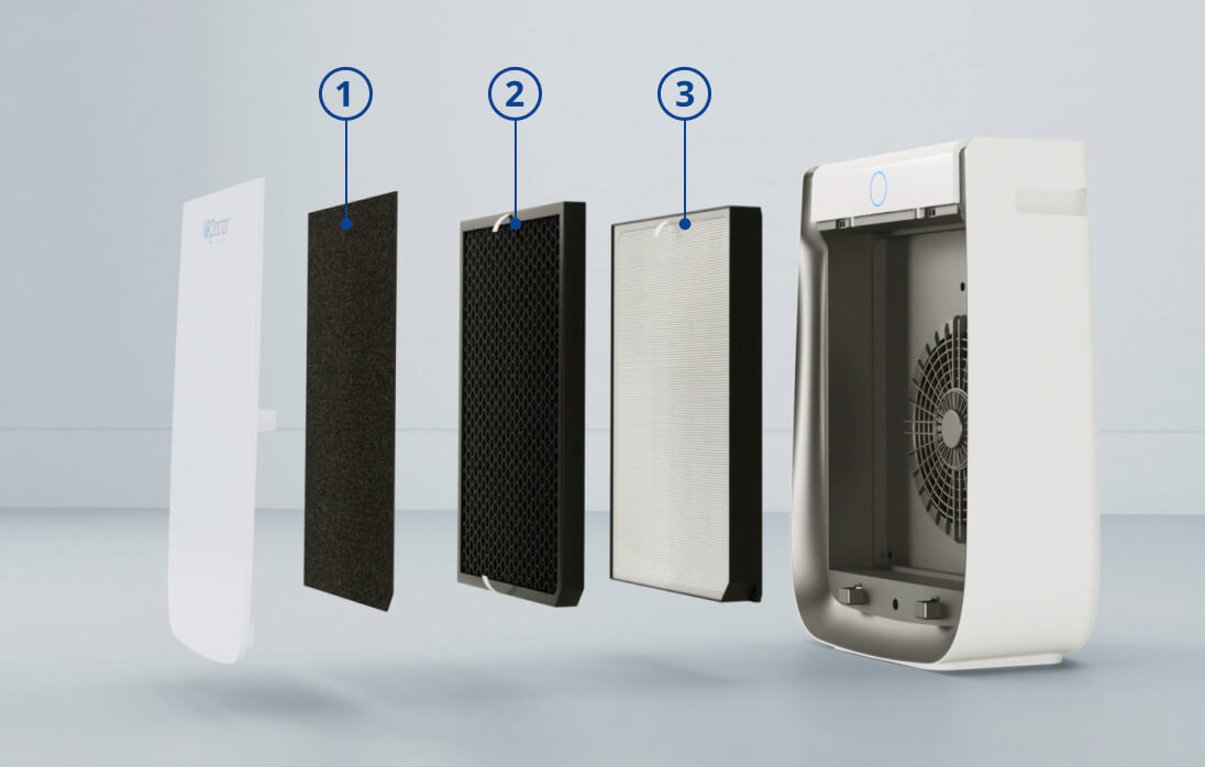 Step-by-step disassembly of a white electronic device with labeled parts on a light gray background.
