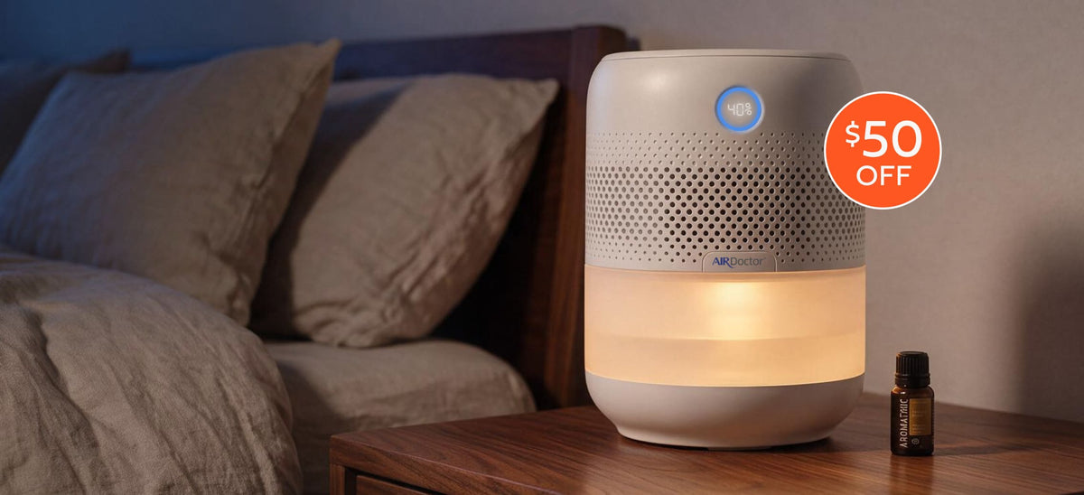 AirDoctor Humidify on nightstand with mood light on