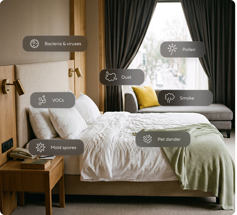 An image of a hotel showing various air pollutants overlaid