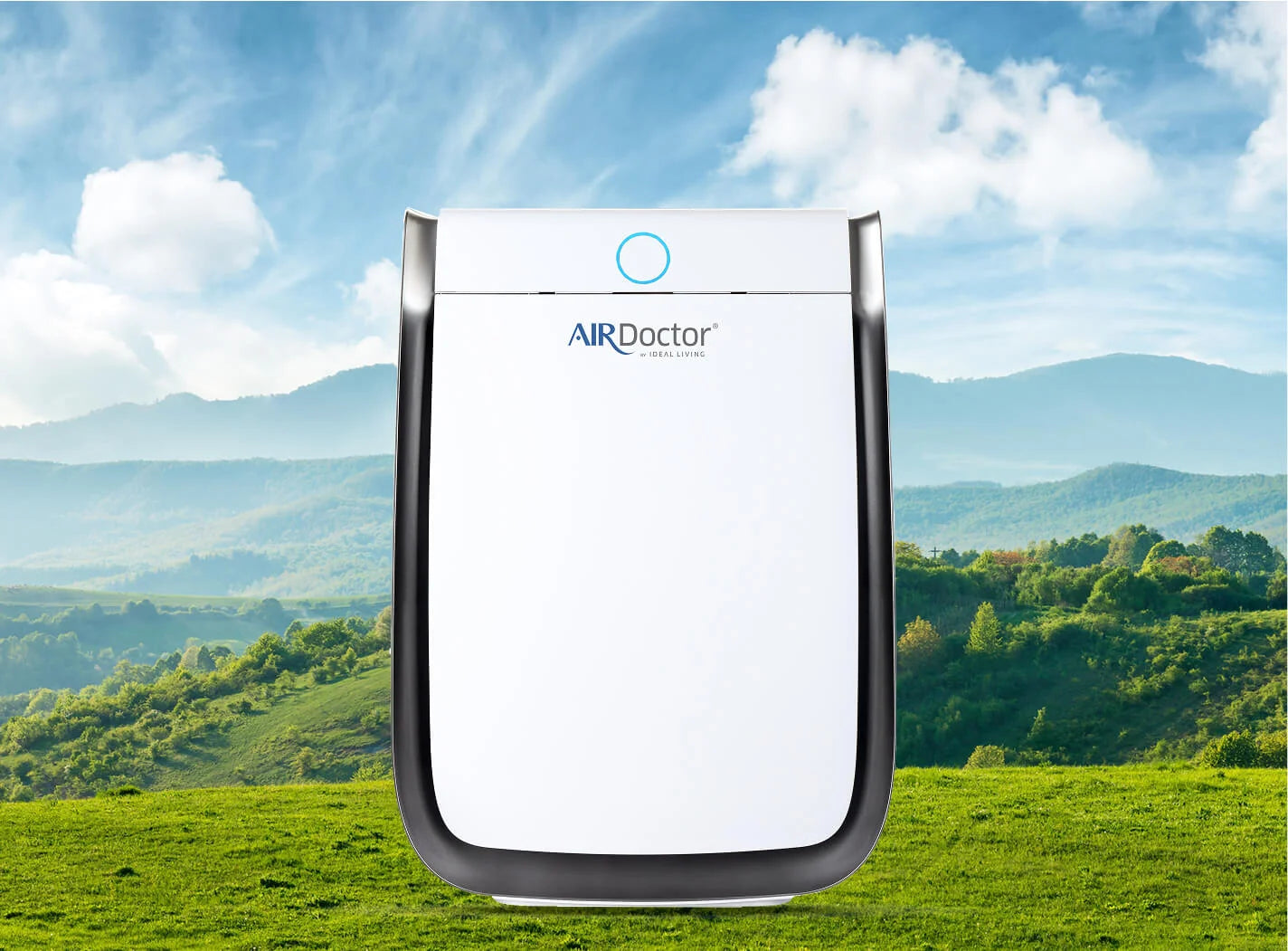 Air filter with 'AIRDoctor' branding against a scenic background of green fields and mountains.