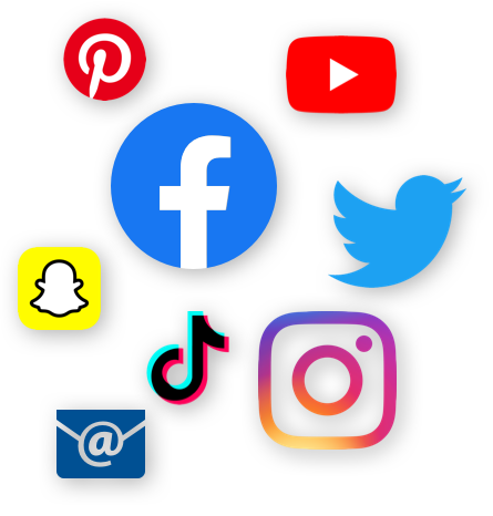 Icons for Pinterest, YouTube, Facebook, Twitter, Snapchat, TikTok, Instagram, and email.
