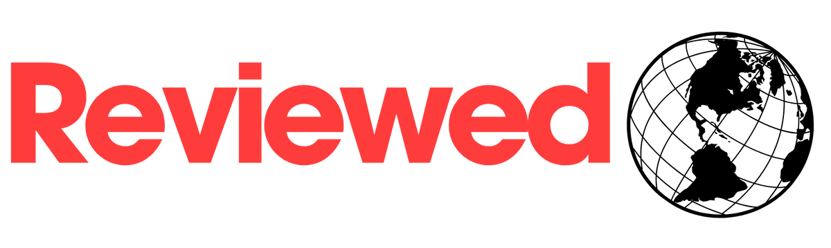 Logo with the word 'Reviewed' in red and a globe icon on a white background